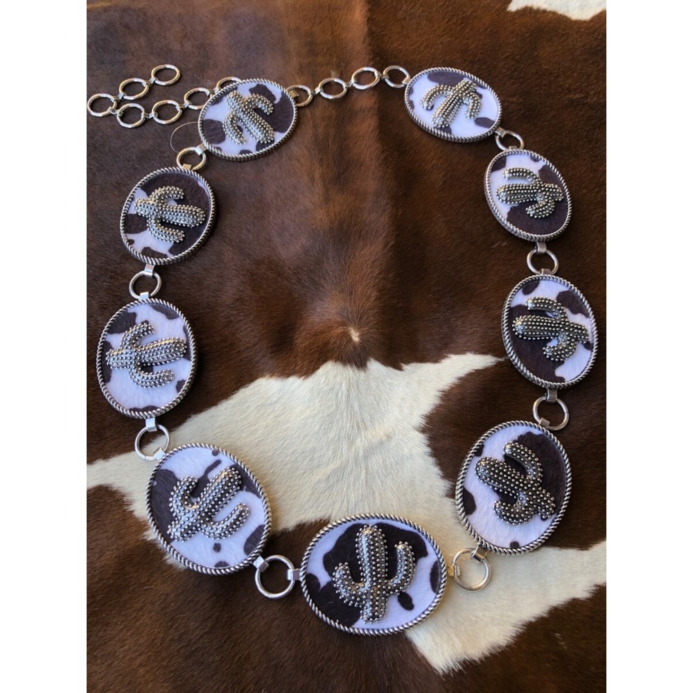 Ale Accessories Western Cactus Cow Hair Concho Chain Belt Silver OS Boho Rodeo